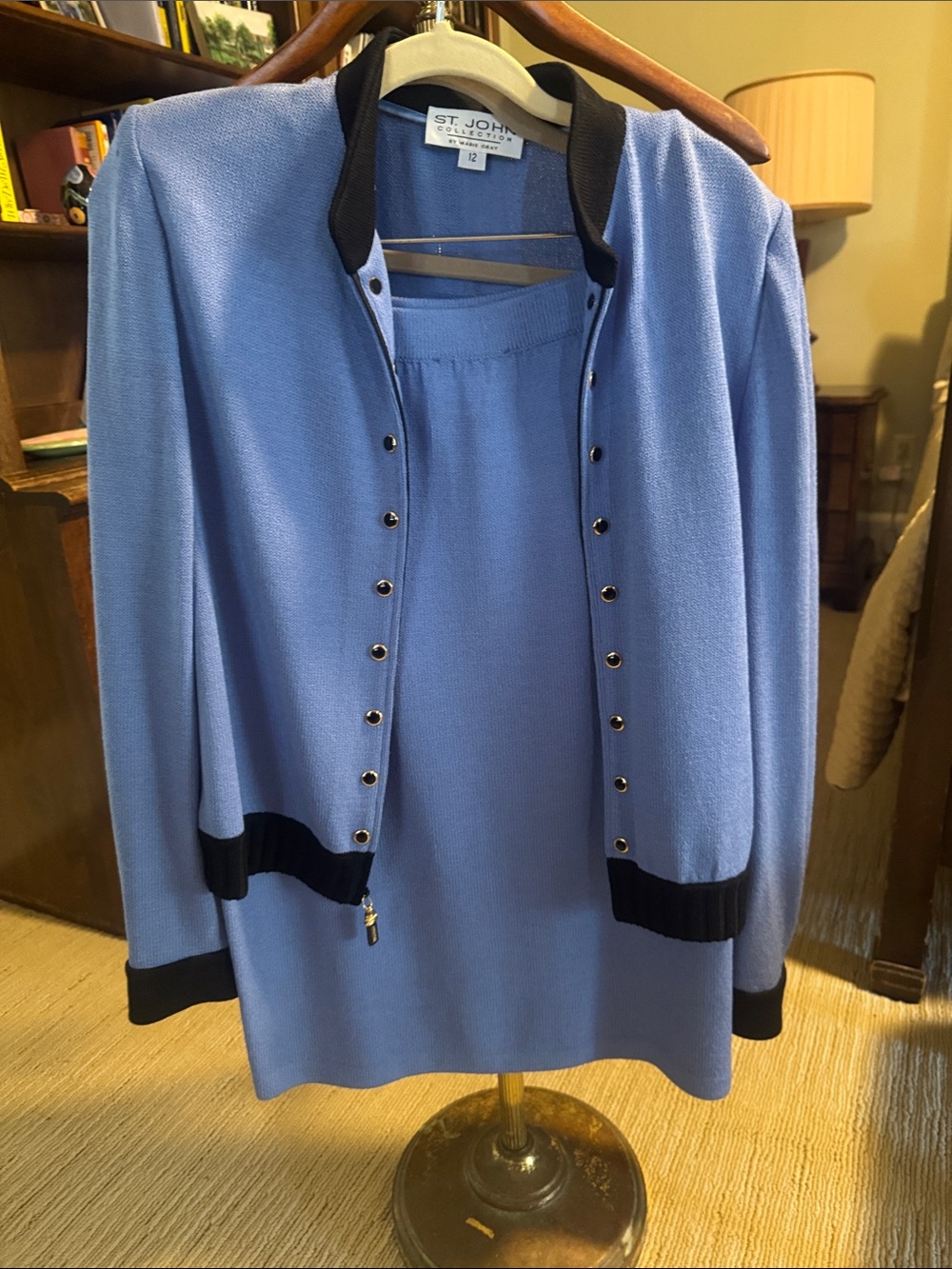 St. John Periwinkle Blue Knit Jacket and Dress with Black Trim